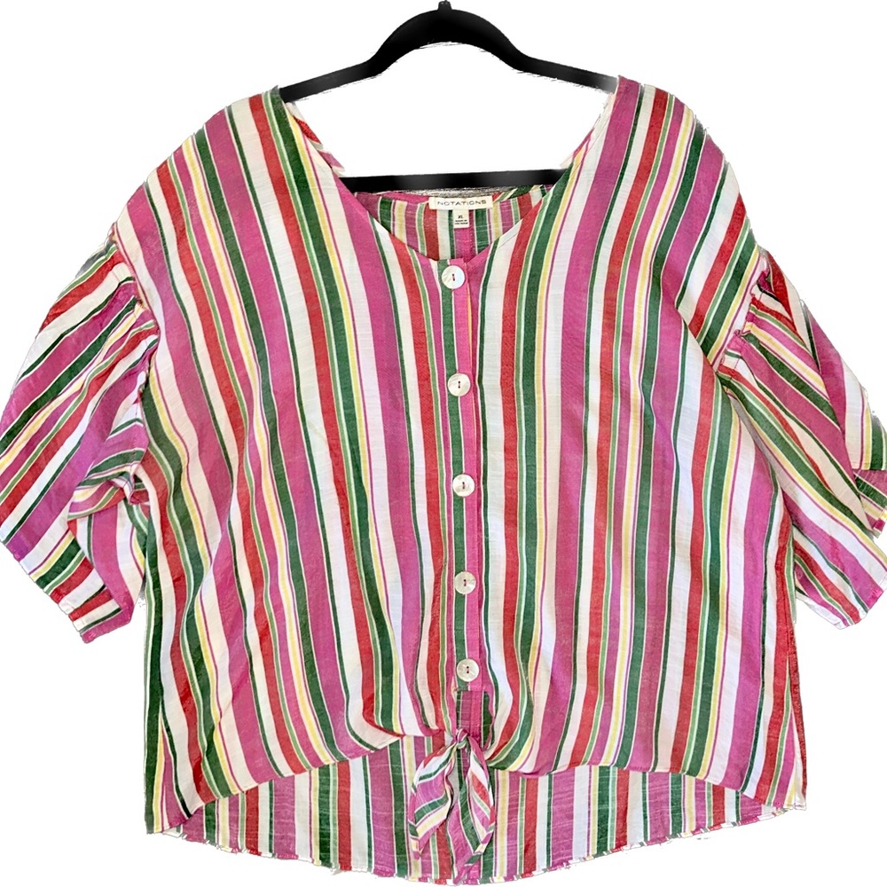 Notations Colorful Button Down Tie Blouse - Picture 1 of 8